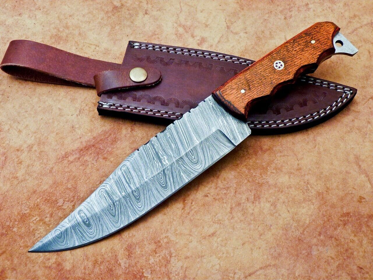 12 Inch Handmade Damascus Steel Hunting Bowie Knife with Hardwood Handle