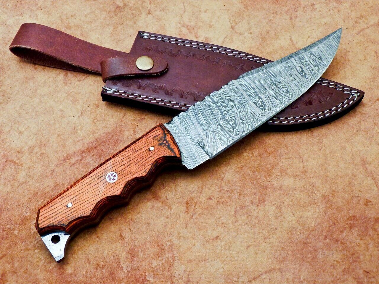 12 Inch Handmade Damascus Steel Hunting Bowie Knife with Hardwood Handle