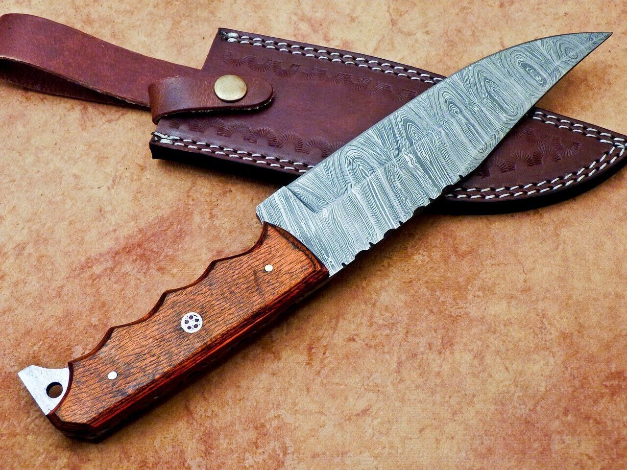 12 Inch Handmade Damascus Steel Hunting Bowie Knife with Hardwood Handle