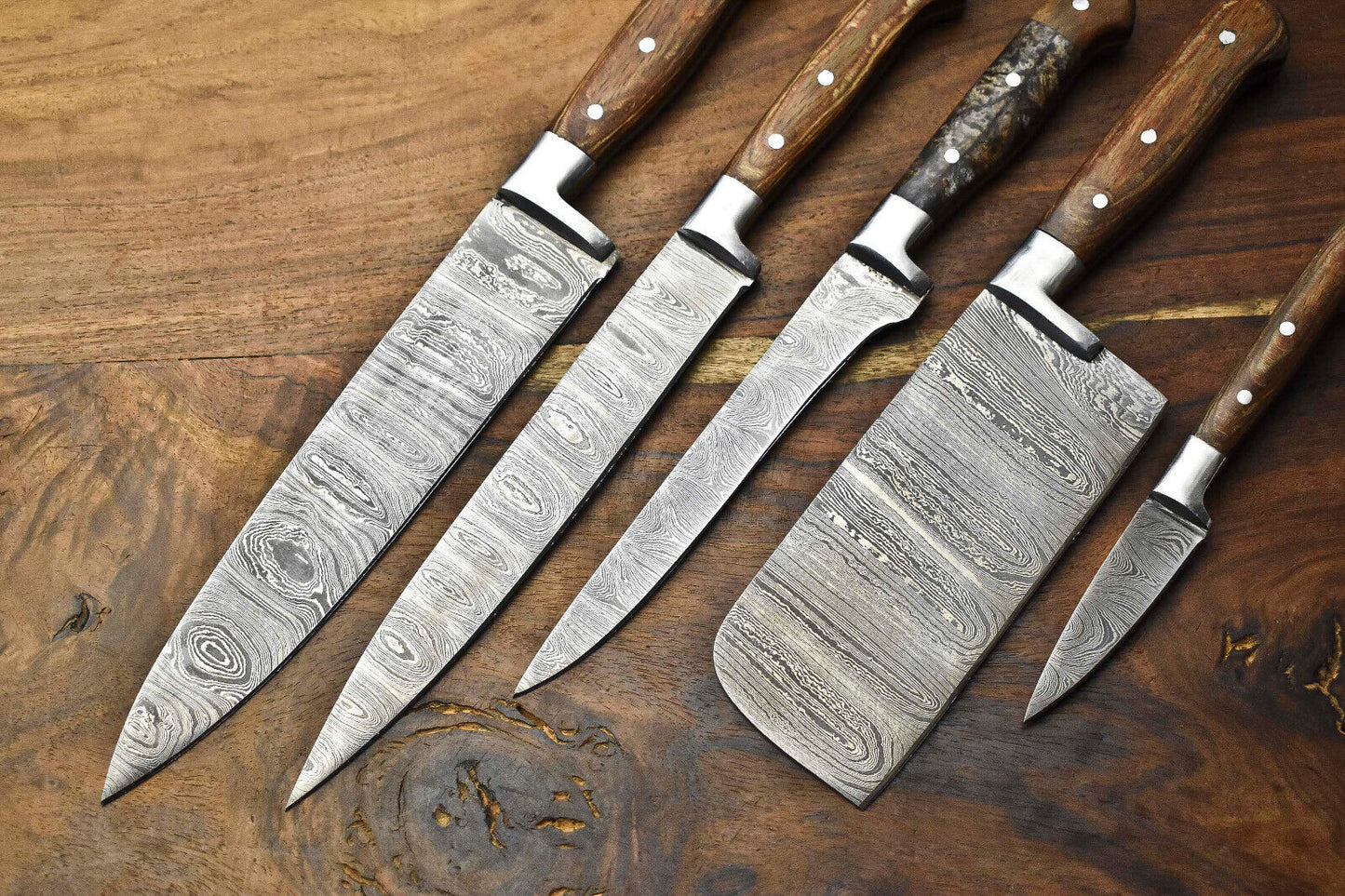Custom Set of 5 Handmade Hammered Damascus Steel Chef Knives – Premium Layered Blades