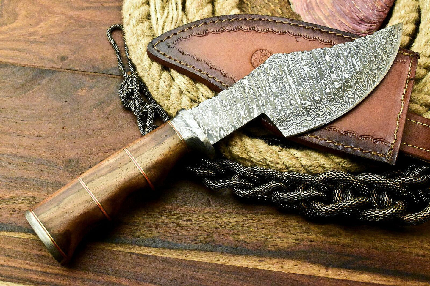 Handmade Damascus Bowie Knife – Walnut Wood Handle (12.25")