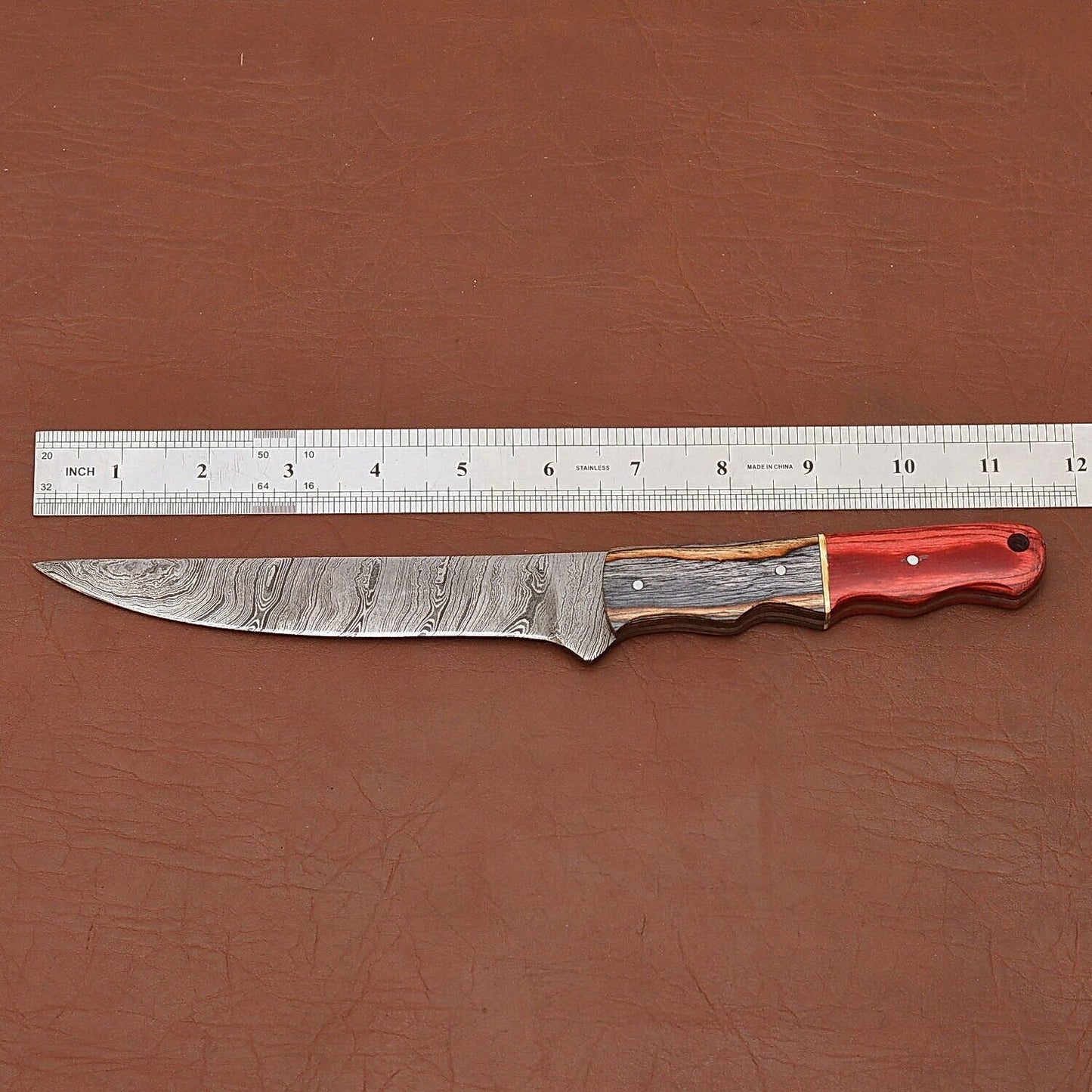 Custom Handmade Damascus Steel Fillet Knife – Kitchen Chef Knife with Wood Handle & Leather Sheath