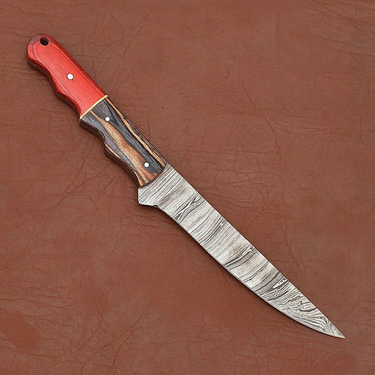 Custom Handmade Damascus Steel Fillet Knife – Kitchen Chef Knife with Wood Handle & Leather Sheath