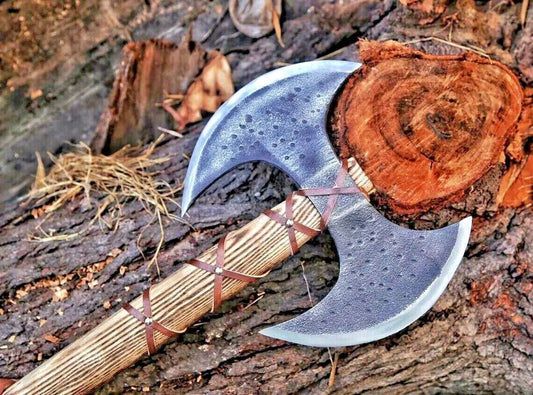 Double Headed Viking Battle Axe Hand Forged Carbon Steel with Ash Wood Handle and Leather Sheath