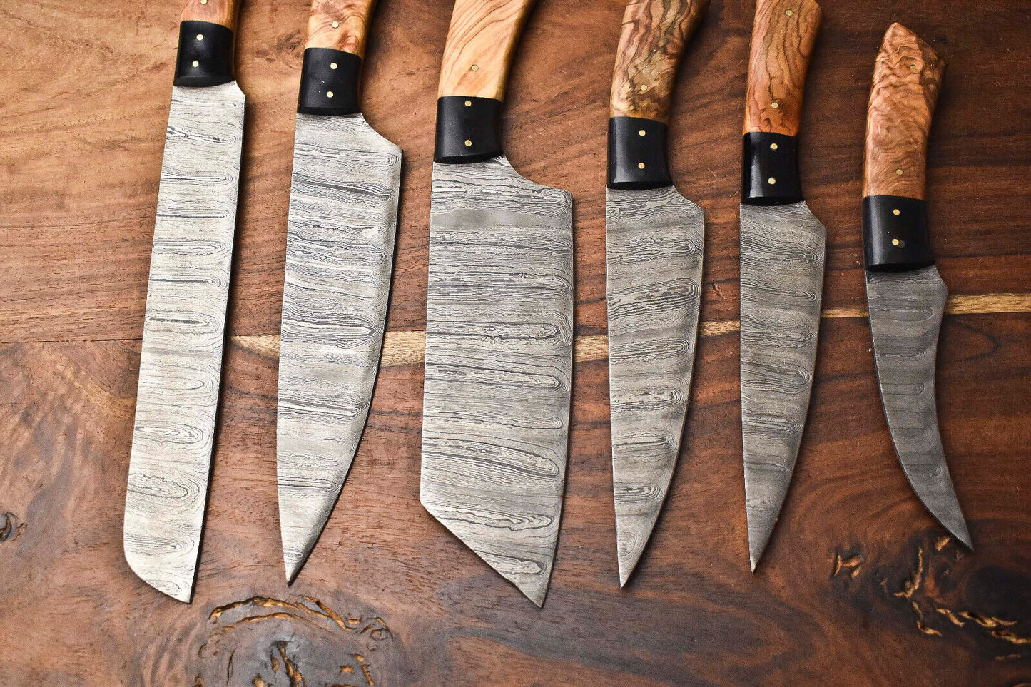 Custom Lot of 6 Handmade Hammered Damascus Steel Blade Chef Knife Set – Professional Forged Kitchen Knives