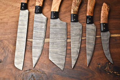 Custom Lot of 6 Handmade Hammered Damascus Steel Blade Chef Knife Set – Professional Forged Kitchen Knives