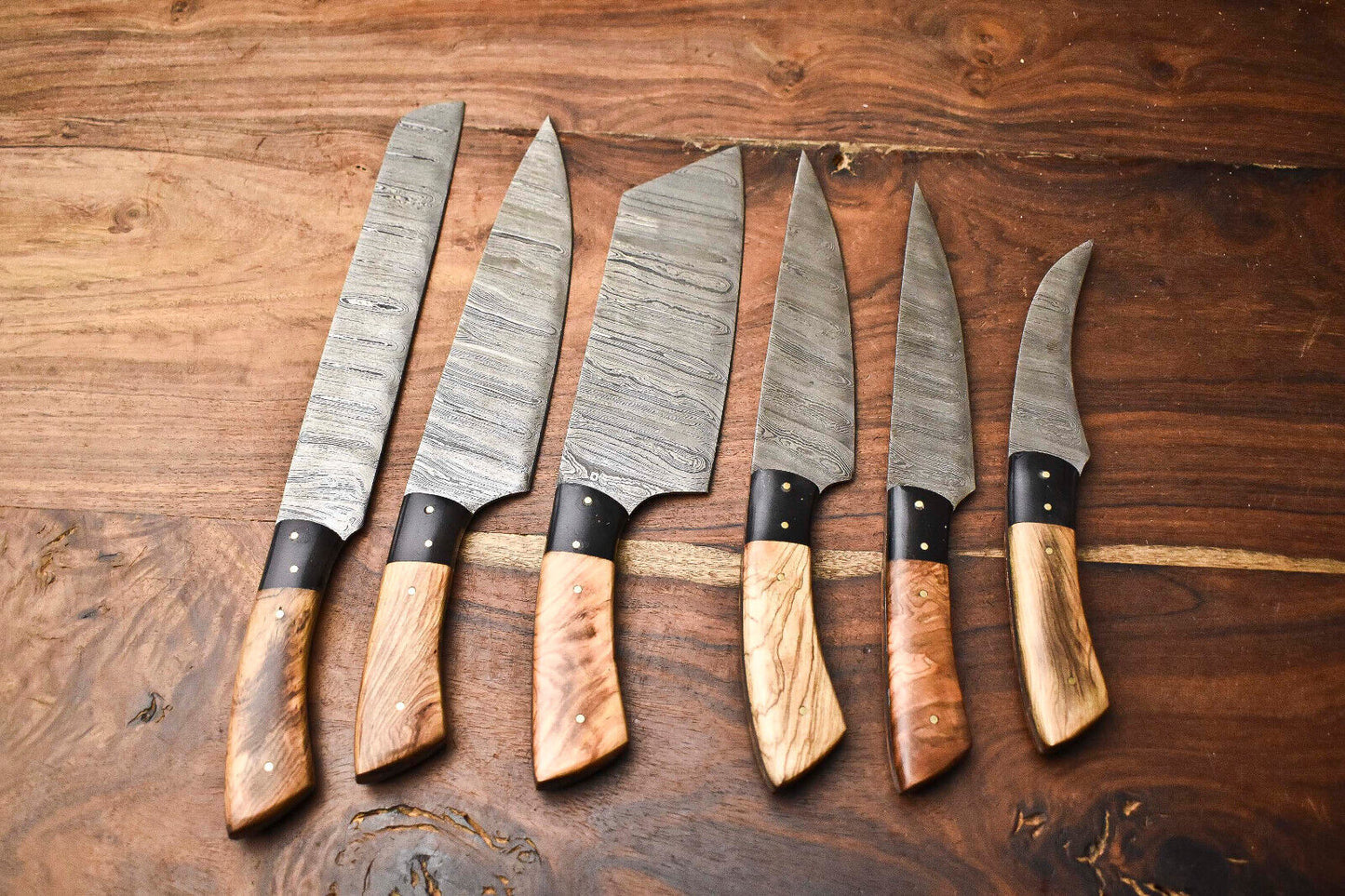 Custom Lot of 6 Handmade Hammered Damascus Steel Blade Chef Knife Set – Professional Forged Kitchen Knives