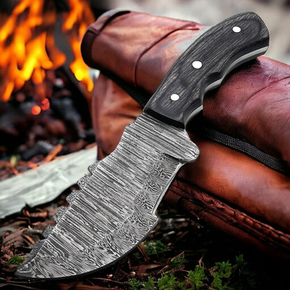 Handmade 10" Damascus Steel Tracker Knife – Wood Handle Hunting, Camping & Survival Knife with Sheath