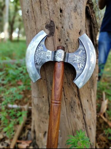 Forged Double Headed Viking Axe Battle Axe Steel Double Blade Viking Axe with Sheath 31.5"
