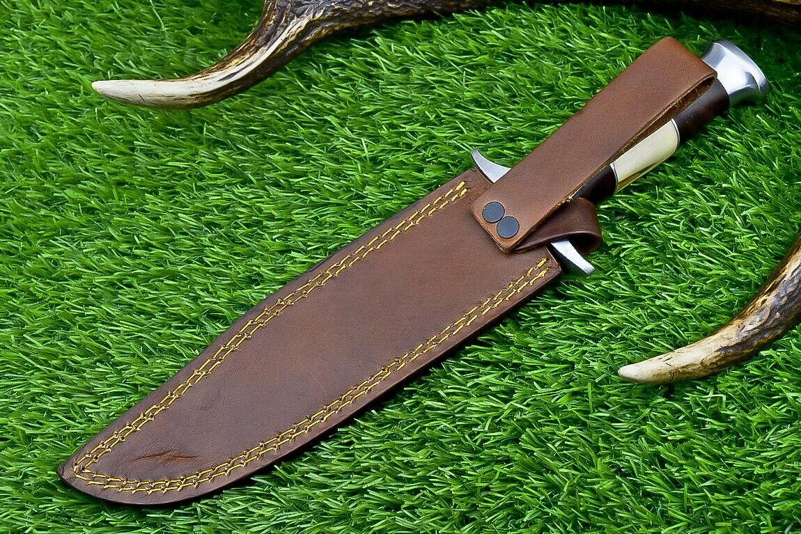 Heritage Forge 12 Inch Camel Bone and Wood Damascus Bowie Knife for Hunting and Camping