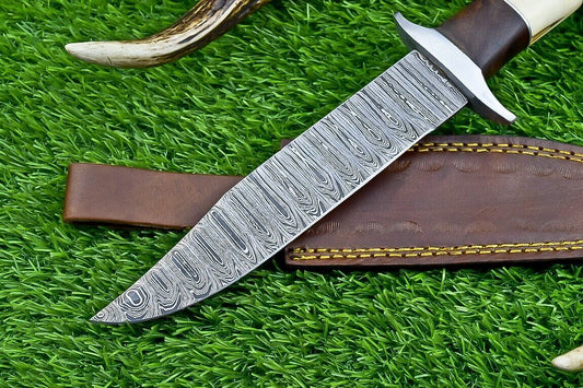 Heritage Forge 12 Inch Camel Bone and Wood Damascus Bowie Knife for Hunting and Camping