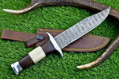 Heritage Forge 12 Inch Camel Bone and Wood Damascus Bowie Knife for Hunting and Camping