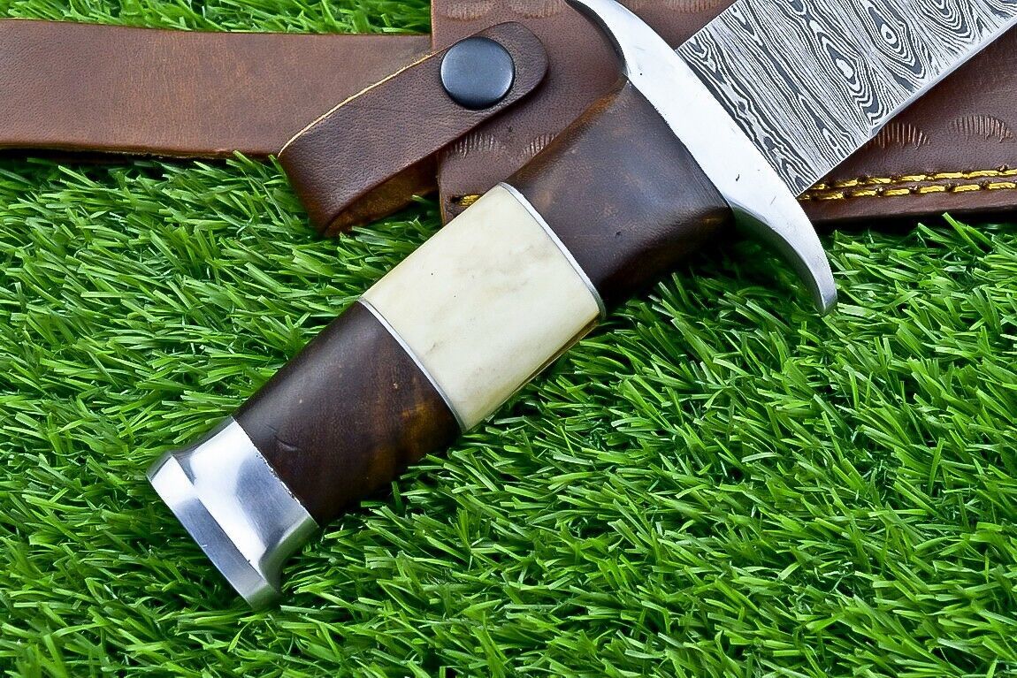 Heritage Forge 12 Inch Camel Bone and Wood Damascus Bowie Knife for Hunting and Camping