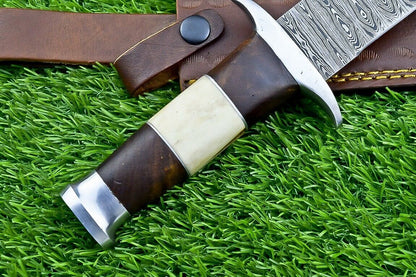 Heritage Forge 12 Inch Camel Bone and Wood Damascus Bowie Knife for Hunting and Camping