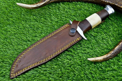 Heritage Forge 12 Inch Camel Bone and Wood Damascus Bowie Knife for Hunting and Camping