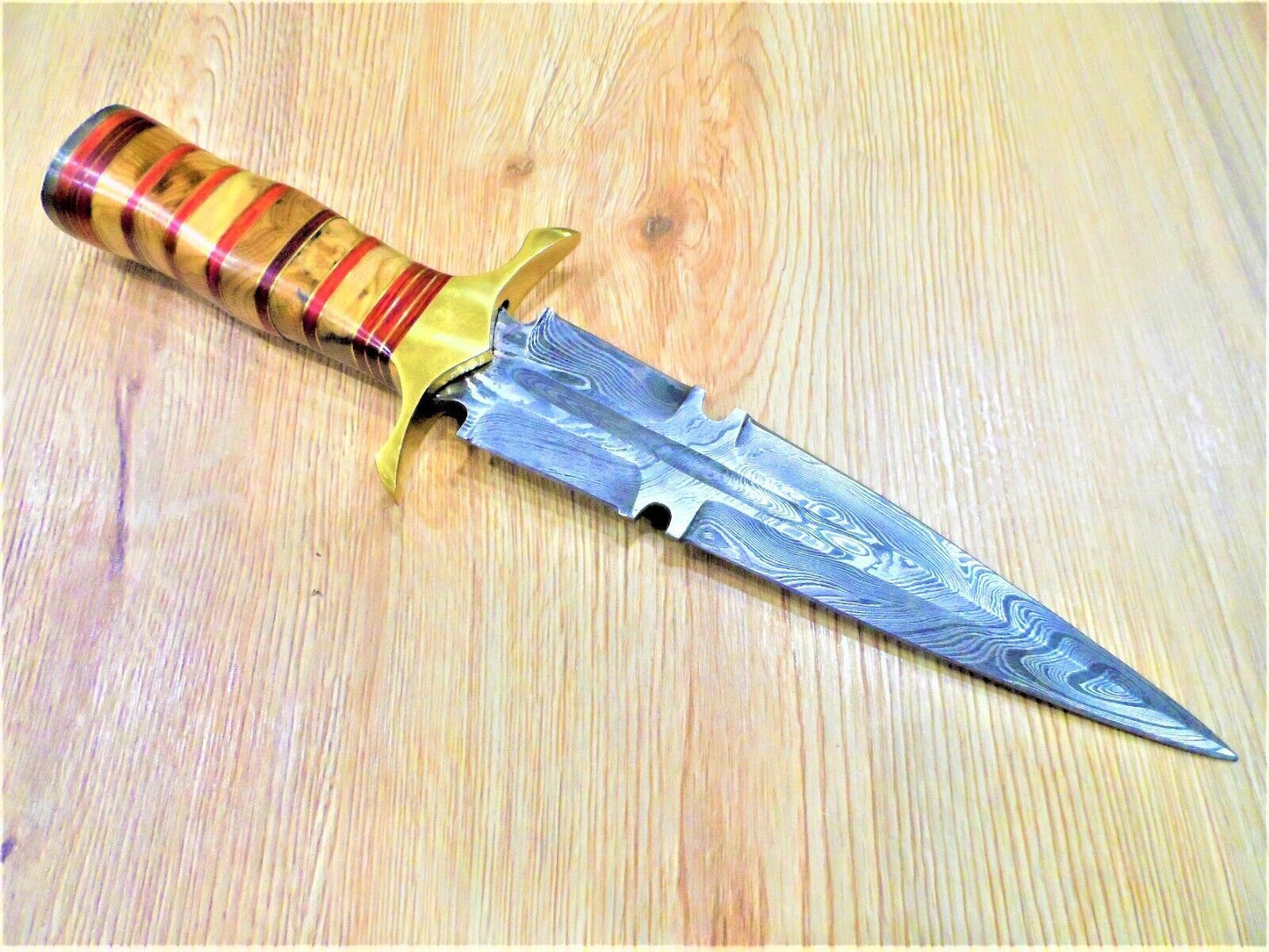 11 Inch Custom Damascus Steel Double Edge Bowie Dagger with Olive Wood Handle