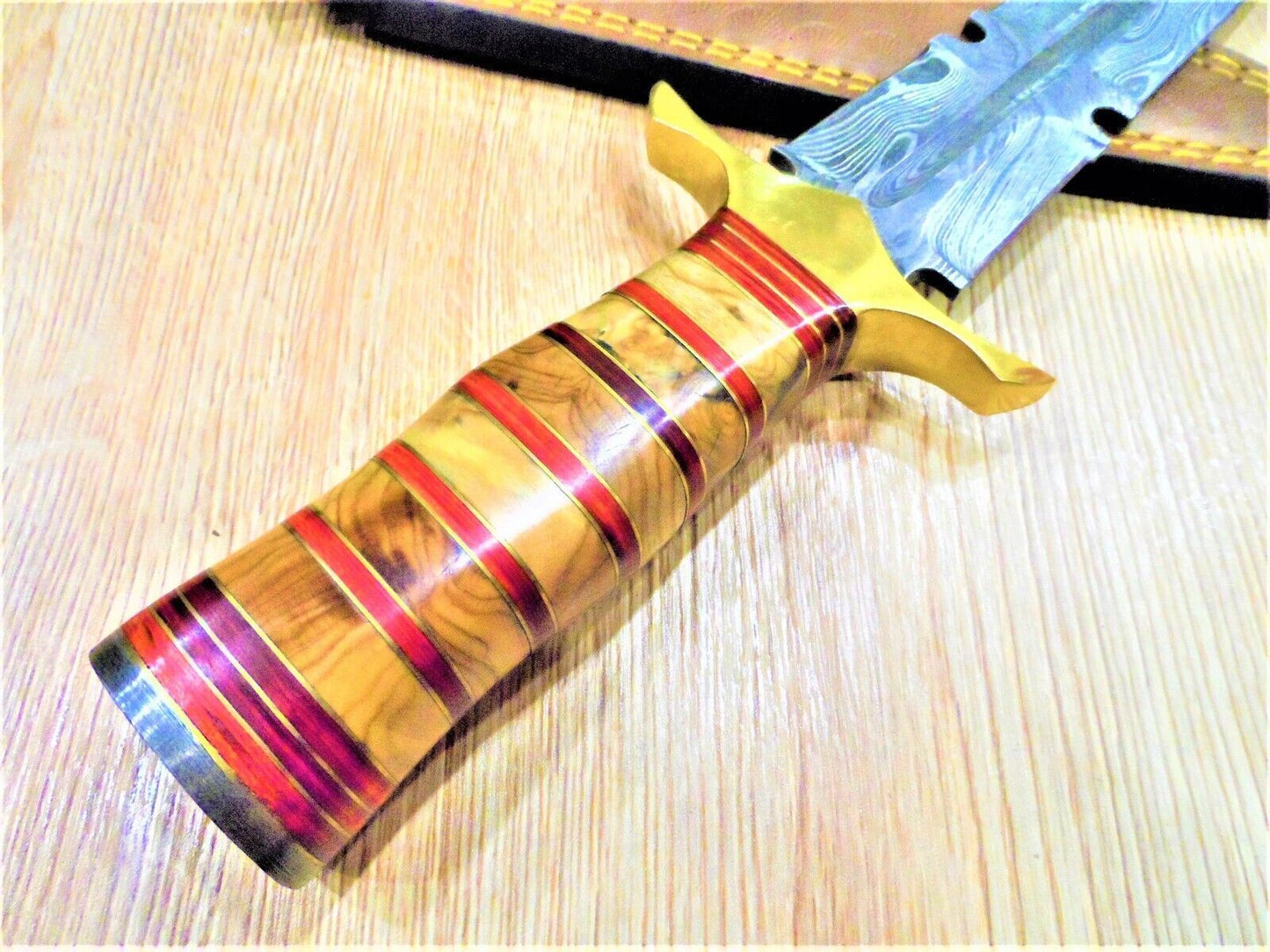 11 Inch Custom Damascus Steel Double Edge Bowie Dagger with Olive Wood Handle