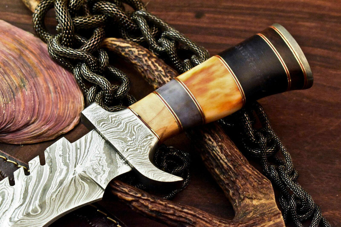 13” Handmade Damascus Bowie Knife with Camel Bone Handle