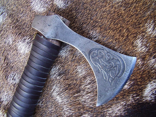 Hand-Forged Viking-Style Carved Tomahawk | Bushcraft Hatchet with Hardened Edge