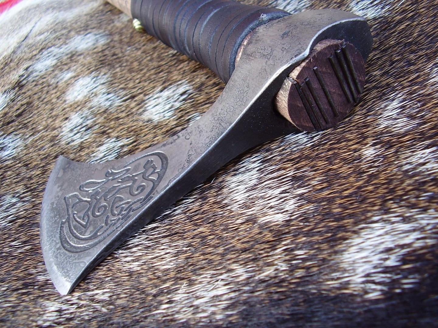 Hand-Forged Viking-Style Carved Tomahawk | Bushcraft Hatchet with Hardened Edge
