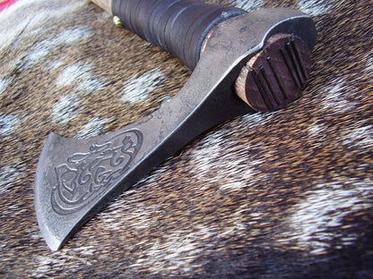 Hand-Forged Viking-Style Carved Tomahawk | Bushcraft Hatchet with Hardened Edge