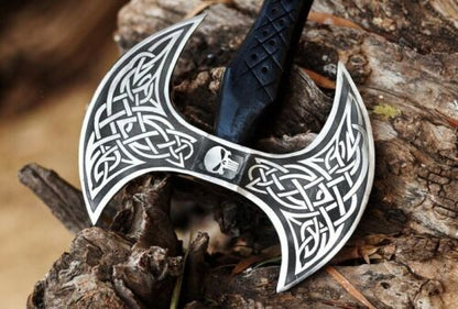 Double Head Handmade Viking Axe Engraved Carbon Steel with Black Ash Wood Handle 25 Inch