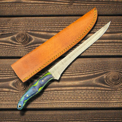 Custom Fillet Knife & Damascus Steel Fillet Knife 12" Kitchen Knife With Wood Handle