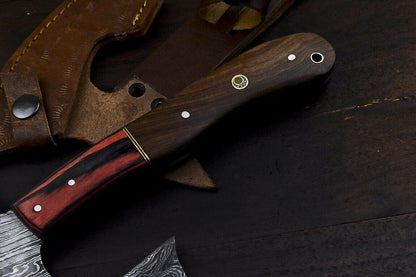 Handmade Damascus Axe Walnut Wood Hunting Clever Chopper Knife with Leather Sheath