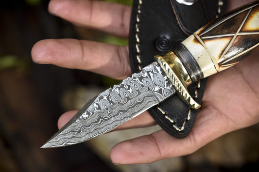 Rain Drop Damascus Steel Skinner Knife – Bone Handle with Brass Guard and Leather Sheath for Hunting