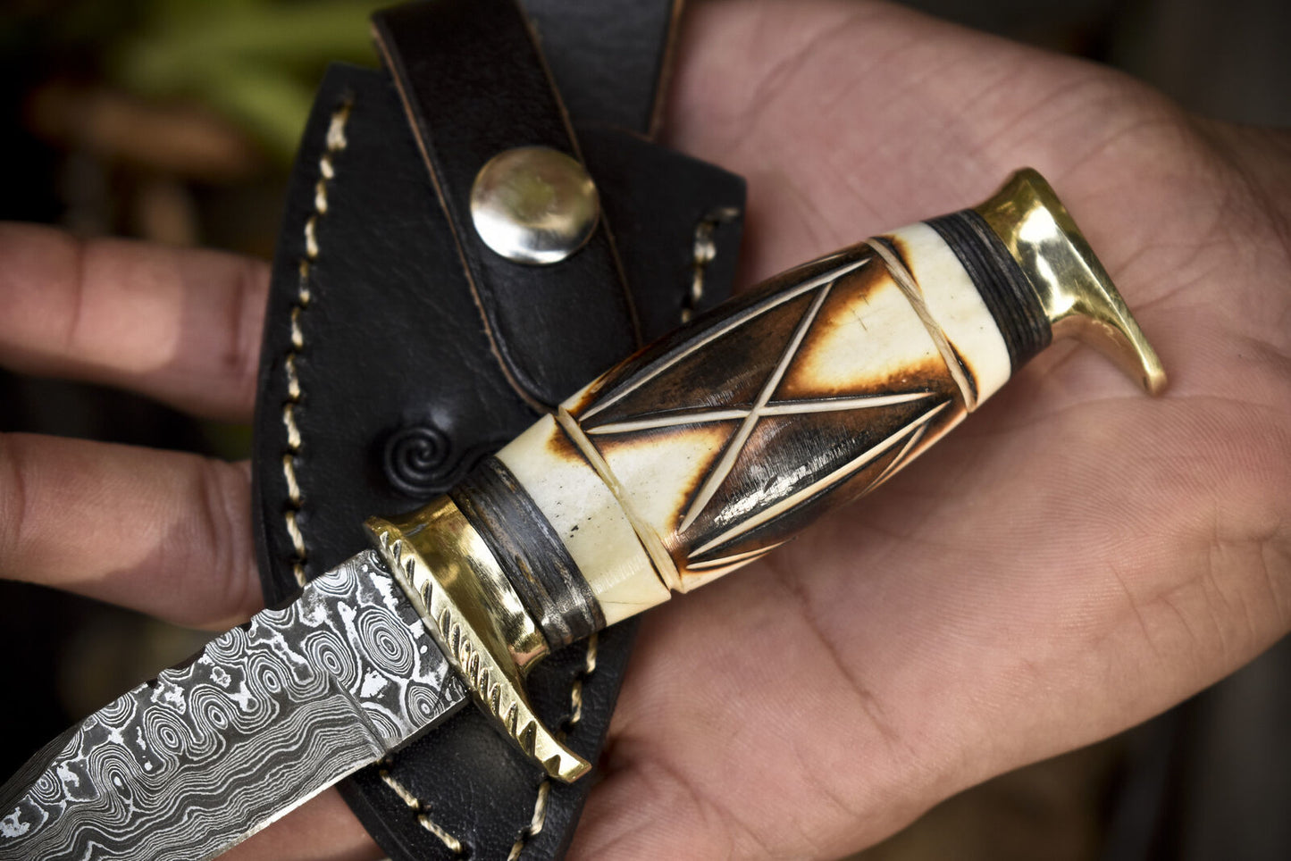 Rain Drop Damascus Steel Skinner Knife – Bone Handle with Brass Guard and Leather Sheath for Hunting