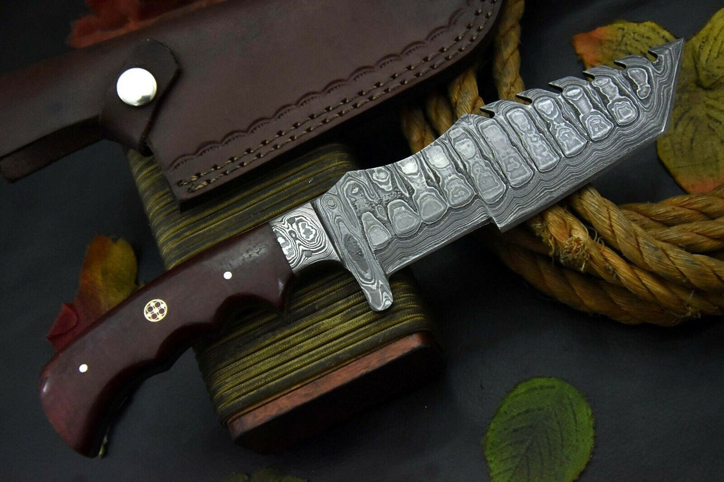 Custom Handmade Damascus Tracker Tanto Hunting Knife | G-10 Micarta Handle & Leather Sheath