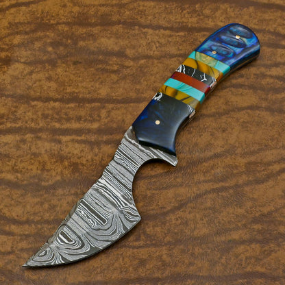 Custom Handmade Damascus Skinner Knife with Resin Wood Handle for Hunting and EDC