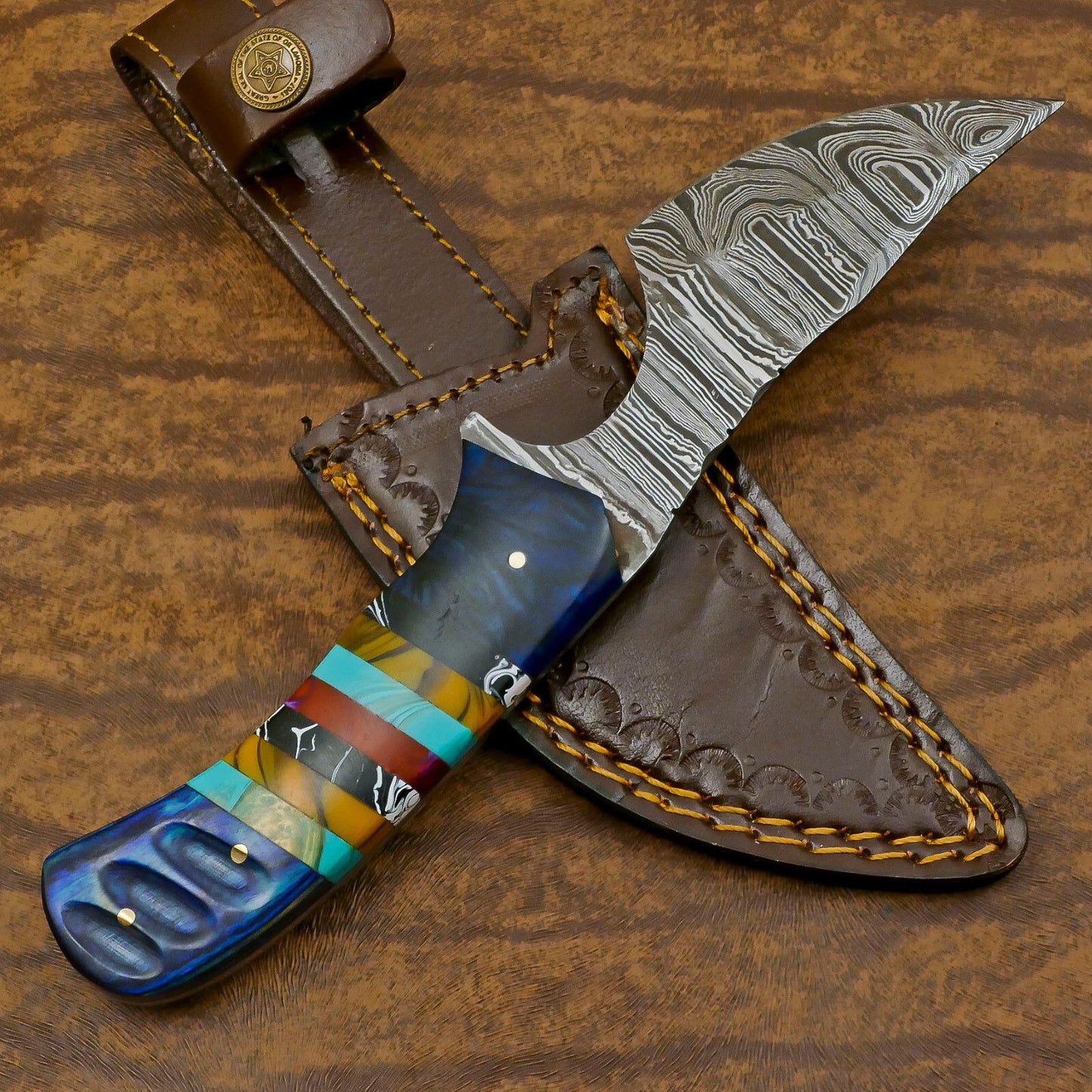 Custom Handmade Damascus Skinner Knife with Resin Wood Handle for Hunting and EDC