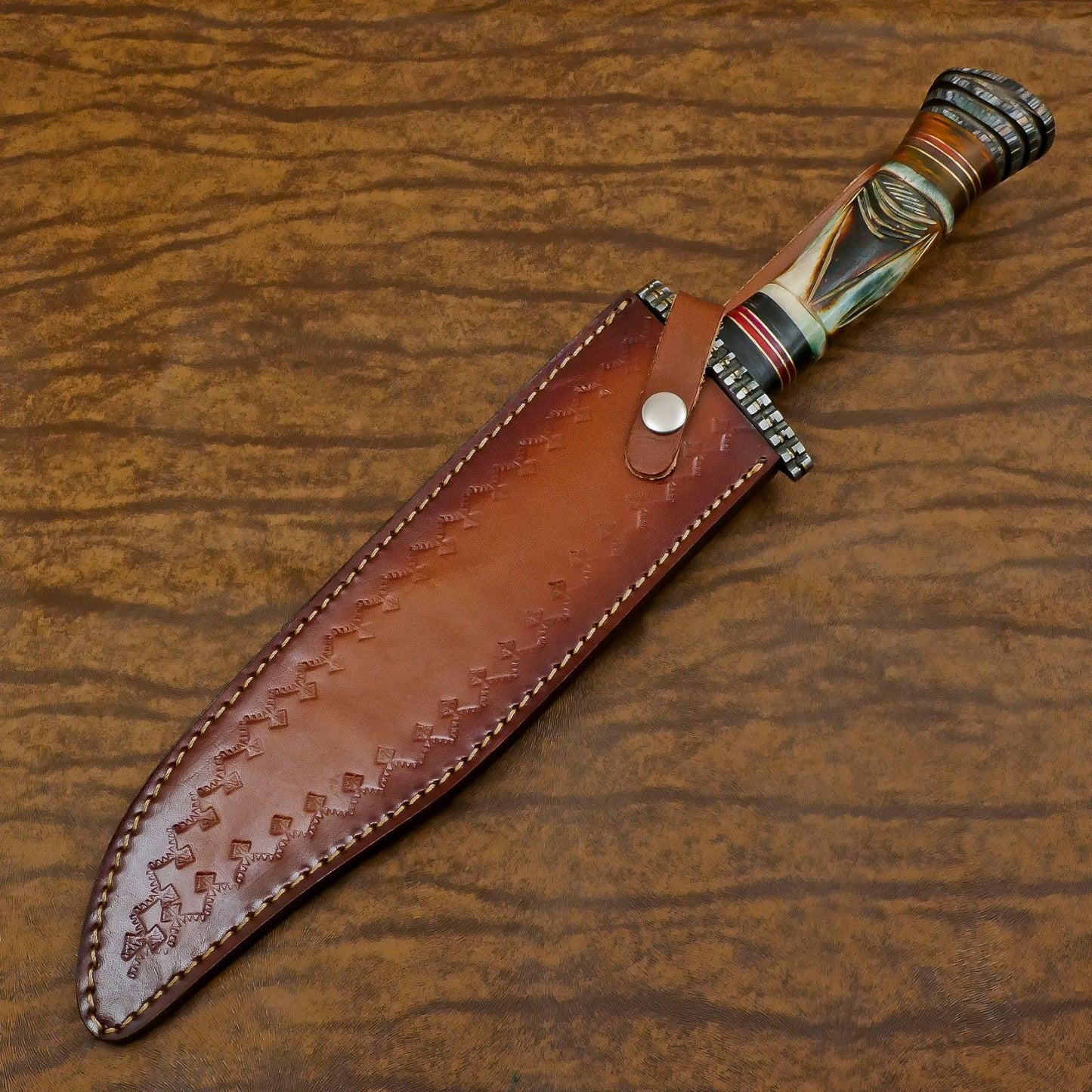 Heritage Forge Custom Handmade Damascus Steel Bowie Hunting Knife Bone and Wood Handle