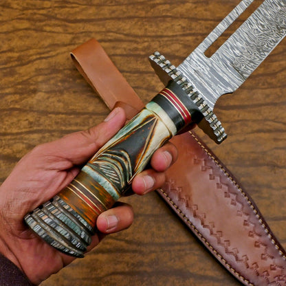 Heritage Forge Custom Handmade Damascus Steel Bowie Hunting Knife Bone and Wood Handle
