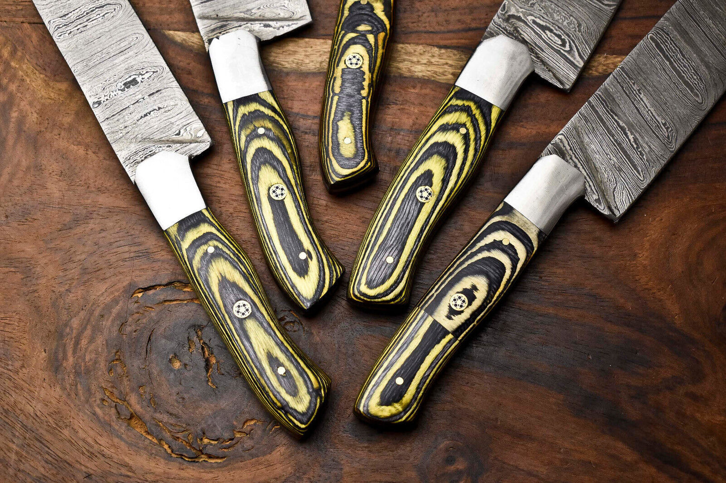 Lot of 5 Handmade Hammered Damascus Steel Blade Chef Knife Set – Full Tang Professional Kitchen Knives