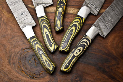 Lot of 5 Handmade Hammered Damascus Steel Blade Chef Knife Set – Full Tang Professional Kitchen Knives