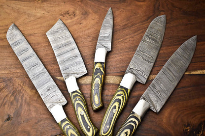 Lot of 5 Handmade Hammered Damascus Steel Blade Chef Knife Set – Full Tang Professional Kitchen Knives
