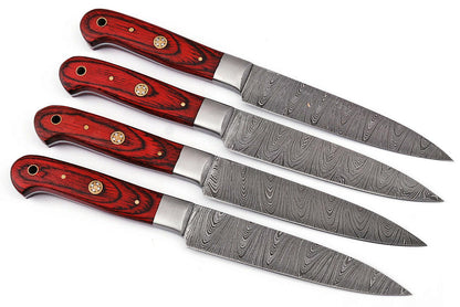 Handmade Damascus Steak Knives Set – 4 Kitchen Knives with Red Wood Handles