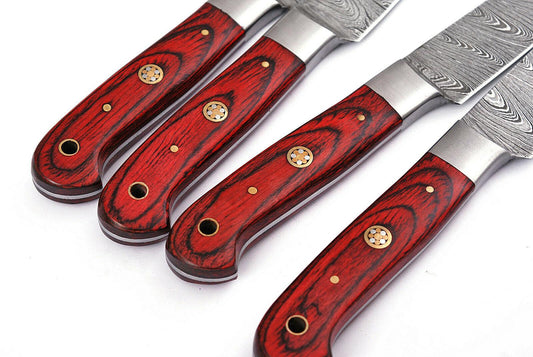 Handmade Damascus Steak Knives Set – 4 Kitchen Knives with Red Wood Handles