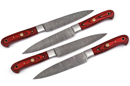 Handmade Damascus Steak Knives Set – 4 Kitchen Knives with Red Wood Handles