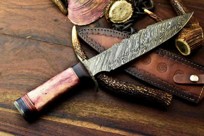 14.5" Handmade Damascus Bowie Knife | Stained Camel Bone Handle with Leather Sheath