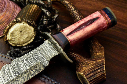14.5" Handmade Damascus Bowie Knife | Stained Camel Bone Handle with Leather Sheath