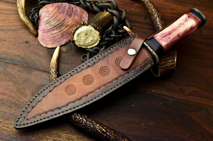 14.5" Handmade Damascus Bowie Knife | Stained Camel Bone Handle with Leather Sheath