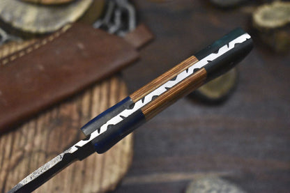 Twist Damascus Skinner Knife with Olive Wood Handle and Micarta Bolster EDC
