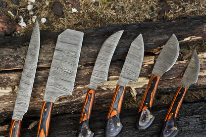 Lot of 6 Handmade Damascus Steel Chef Knives Set – Full Tang, Forged Kitchen Blades
