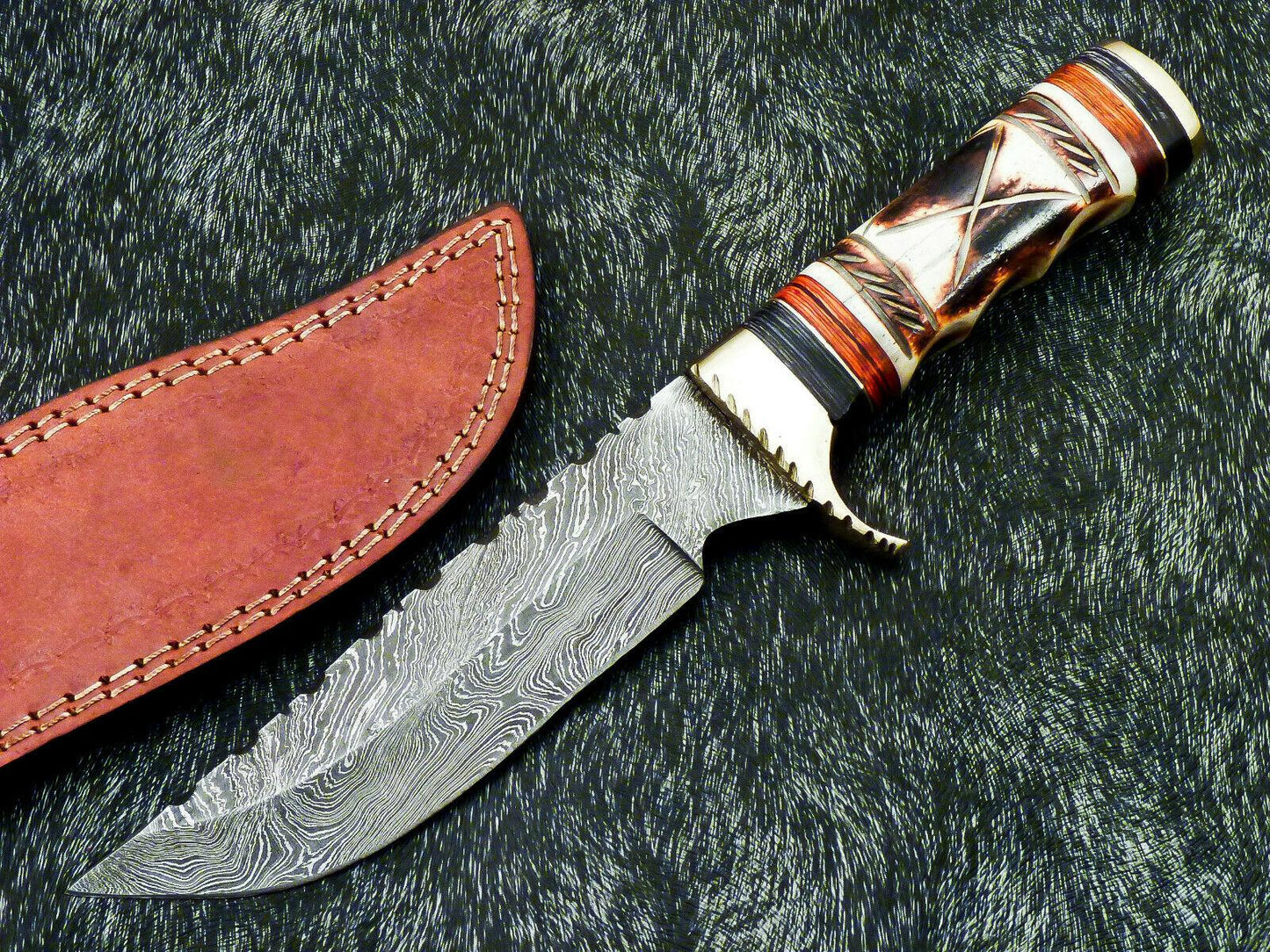 11" Hand Forged Damascus Bowie Hunting Knife – Engraved Camel Bone & Hardwood Handle