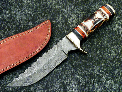 11" Hand Forged Damascus Bowie Hunting Knife – Engraved Camel Bone & Hardwood Handle