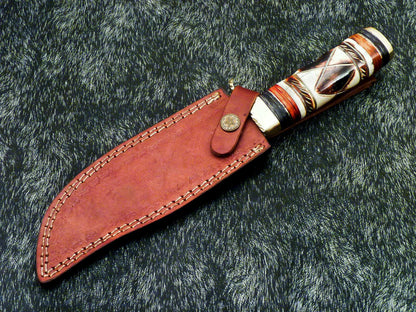11" Hand Forged Damascus Bowie Hunting Knife – Engraved Camel Bone & Hardwood Handle