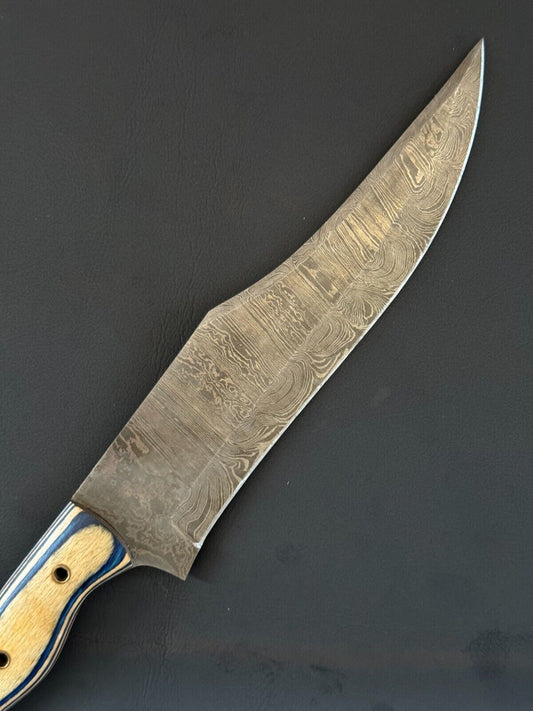 15 Inch Fire Storm Damascus Bowie Knife with Wood Handle for Hunting and Camping